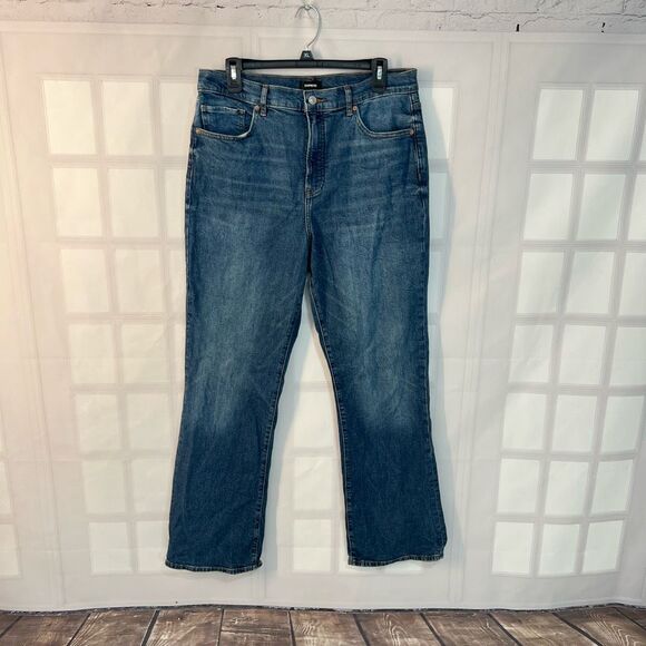 Express Blue Whiskered High Waisted 90's Bootcut Cotton Blended Jeans Size 12 - Picture 3 of 11